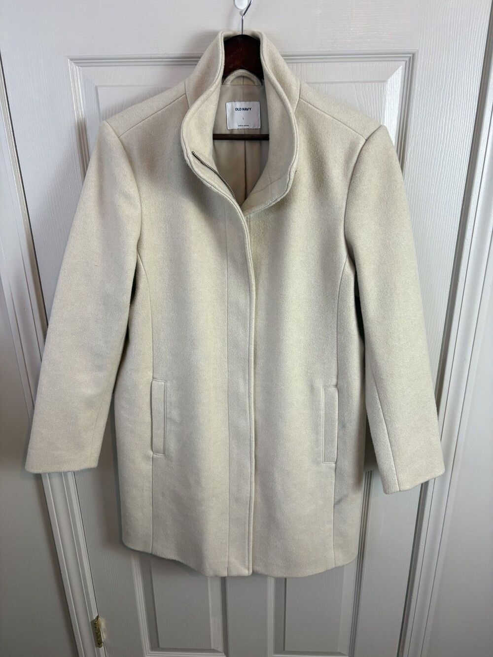 Old Navy Women's Ivory Wool Blend Stand Collar Hidden Zip Car Coat Jacket - 447